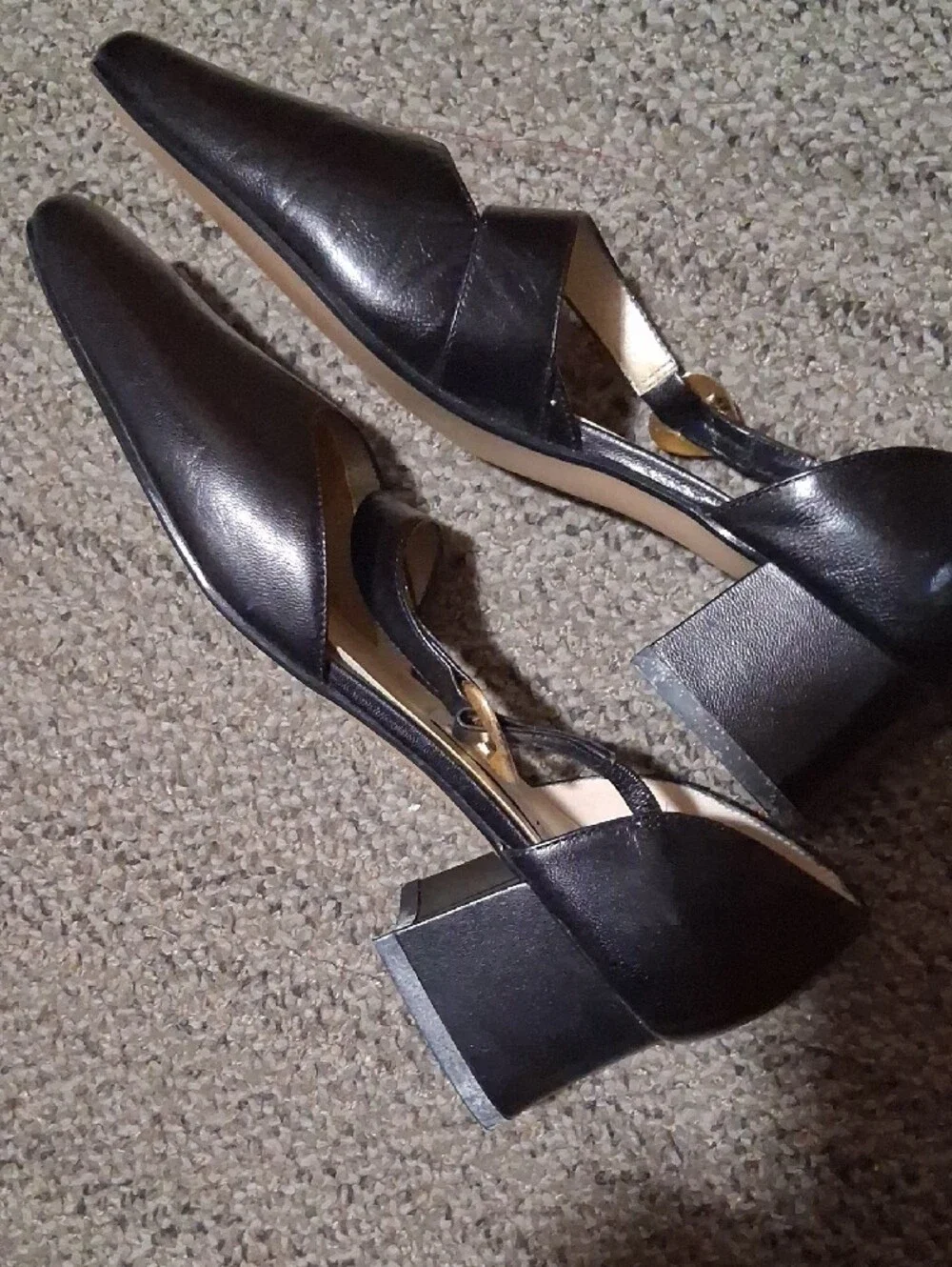 Bellini Black Mary Jane Square-Toe Heels with Gold Buckle